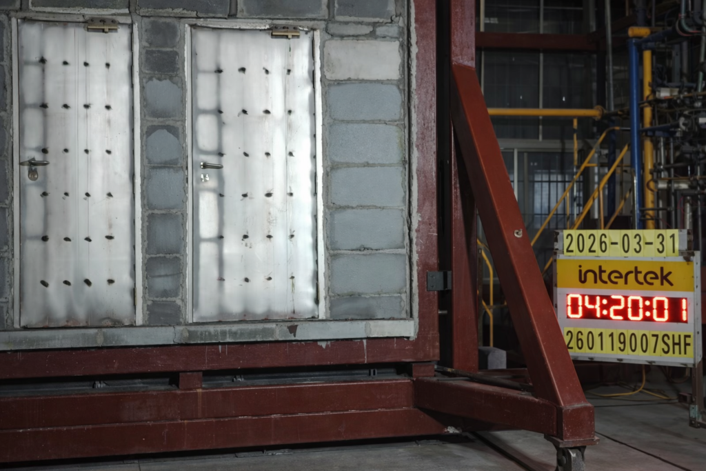 TOPTEK EN 12209 fire door lock in an EN 1634-1 steel doorset fire test with 260-minute E-integrity recorded for the tested configuration