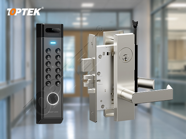 TOPTEK electronic mortise lock arrangement with escutcheon trim and key cylinder