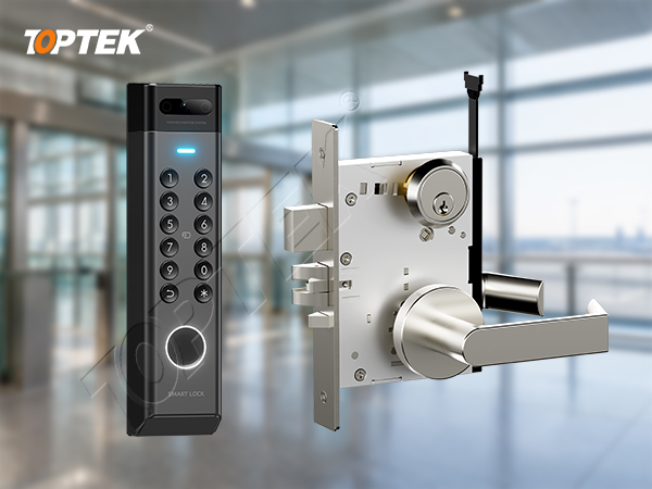 TOPTEK TKAMMRR9200RR motorized ANSI mortise lock with reader and round rose lever
