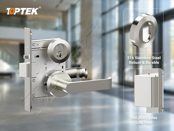 TOPTEK TKAU6400RR round rose mortice lock showing separate lever and oval cylinder furniture
